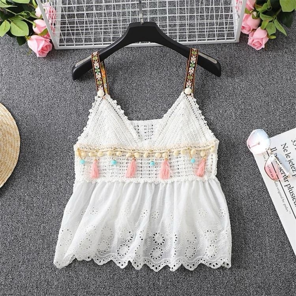 White Crochet Tassel Top